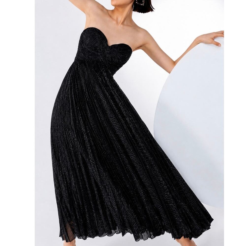 Maria Lucia Hohan Venus Strapless Metallic Plisse Pleated Sash Tie Midi Dress 10
